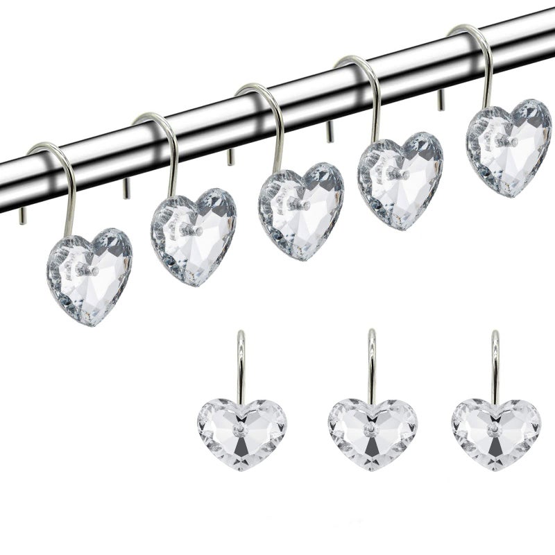 Actpe Decorative Crystal Heart Shape Shower Curtain Hooks Rust Resistant Hooks Glide Shower Ring Hangs Holder Bling for Bathroom, Pack of 12 - Image 1